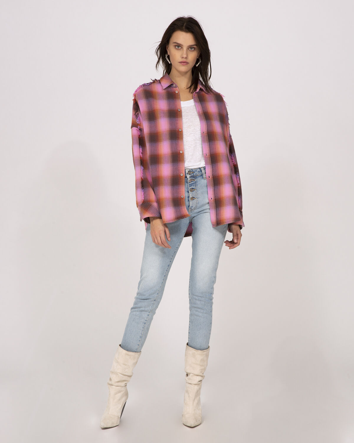 Photo of IRO Paris Julos Shirt Pink - Go For A Colourful Silhouette With This Pink Plaid Shirt With Fringe Details. Oversize, Combine It With High Waist Jeans And Boots For An Effortless Look. Shirts-Tops