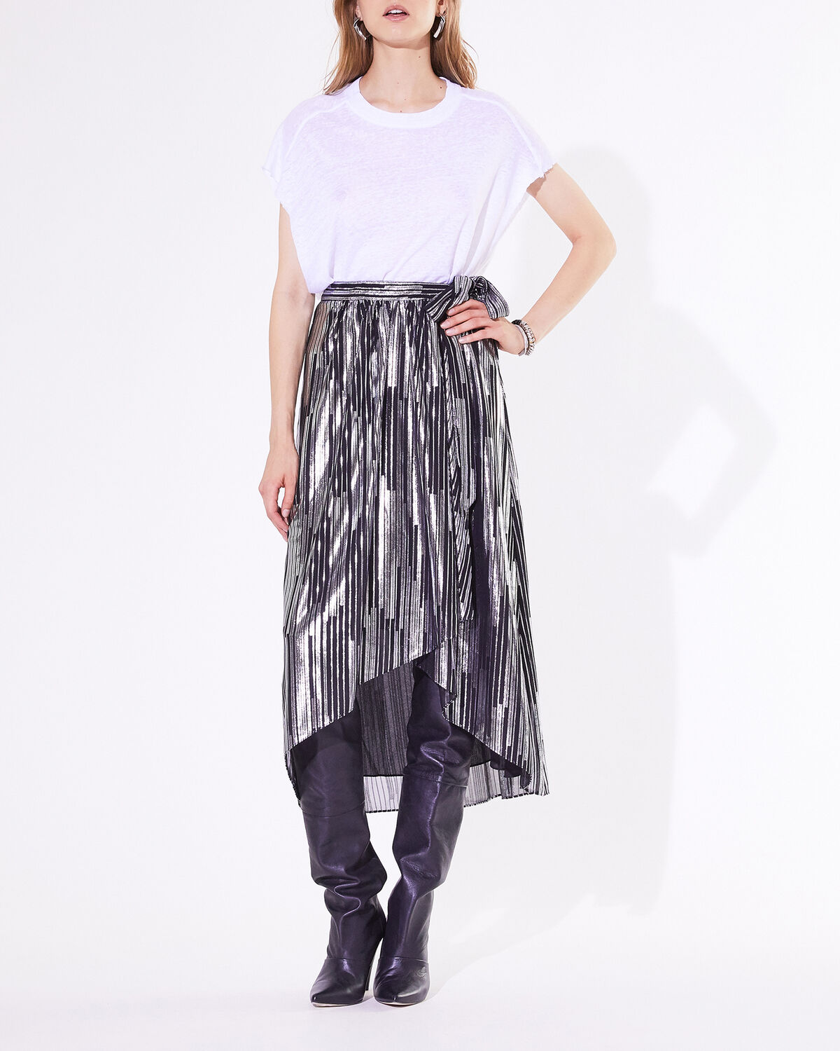 Photo of IRO Paris Dorie Skirt Black And Silver - This Asymmetrical Wallet Skirt Is Enhanced By Its Fine Silver Lurex Stripes And Can Be Combined With A Pair Of Boots For A Modern Rock Look. Fall Winter 19