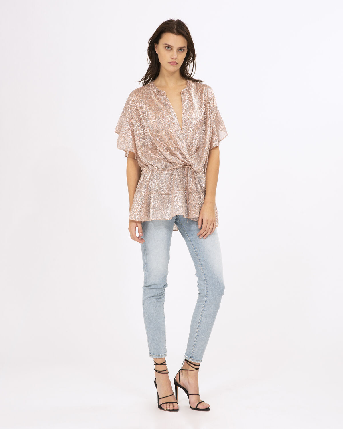 Photo of IRO Paris Panoramic Top Pink - This Top Is Distinguished By Its Short Flounced Sleeves, Deep Crossed V-neck And Brilliant Lurex Effect Details. With Its Marked Waist, It Will Bring A Feminine Touch To All Your Looks. Shirts-Tops