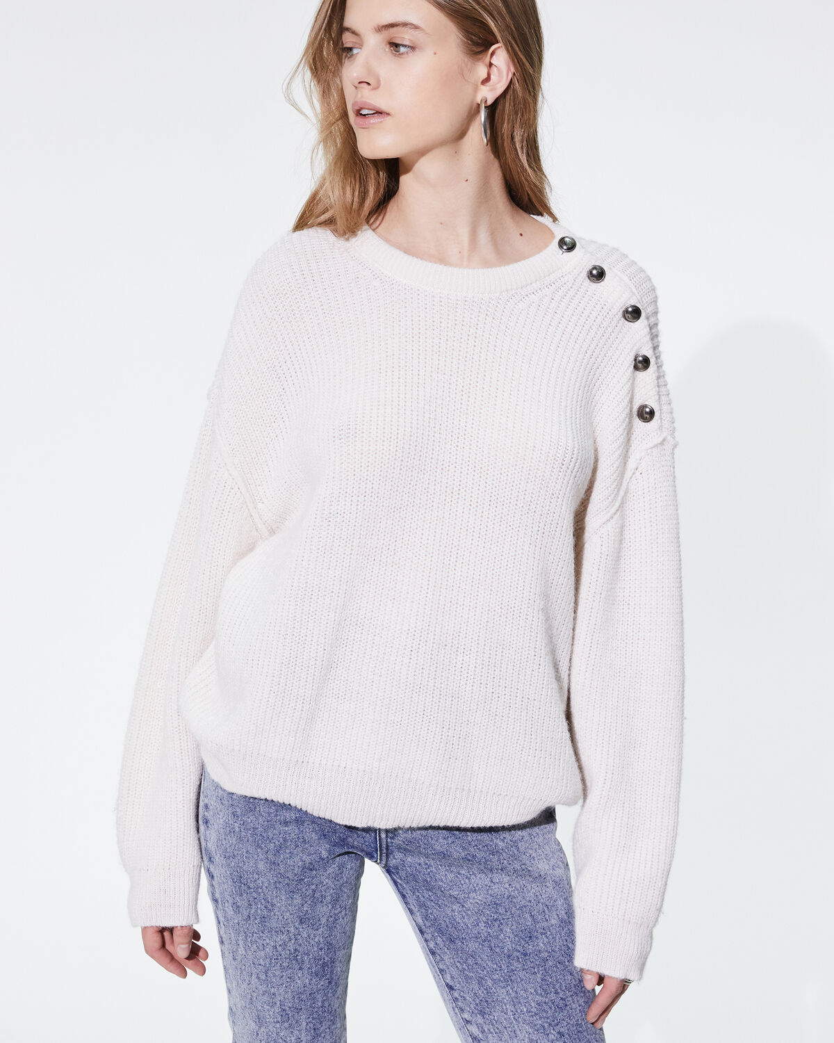 Photo of IRO Paris Holmes Sweater Ecru - Made From Alpaca And Wool, This Sweater Will Keep You Warm In Winter. Its Plus? Its Buttons Applied To The Shoulder That Will Add Contrast To Your Outfits. Fall Winter 19