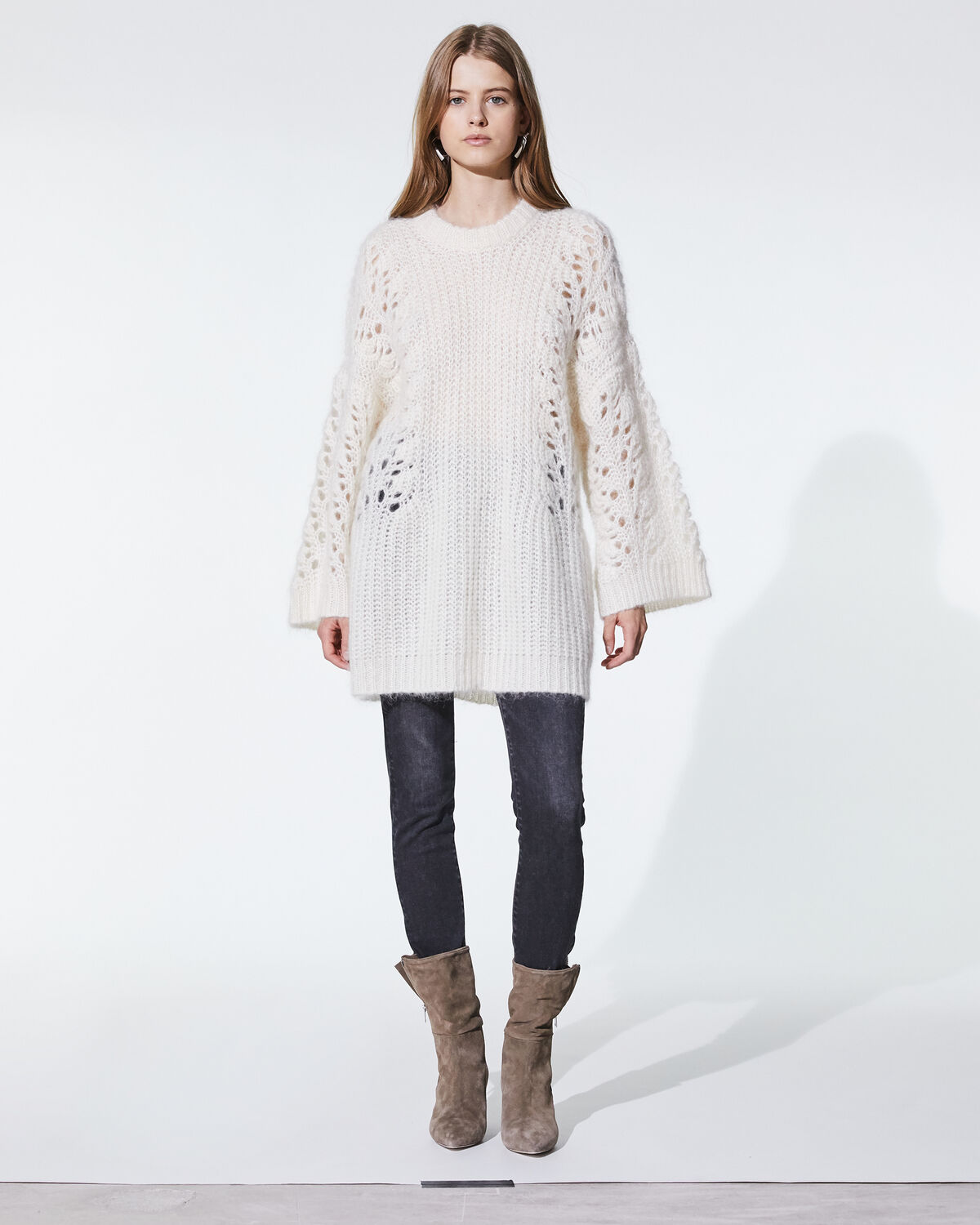 Photo of IRO Paris Chelsey Sweater Chalk - This Wool Blend Sweater With V-neck Is A Sure Value In Women's Dressing Rooms. It Is Distinguished By Its Very Long Sleeves And Its Relaxed And Worn-out Mesh Details. Wear It With A Black Skinny For A Casual And Rock Look. Fall Winter 19
