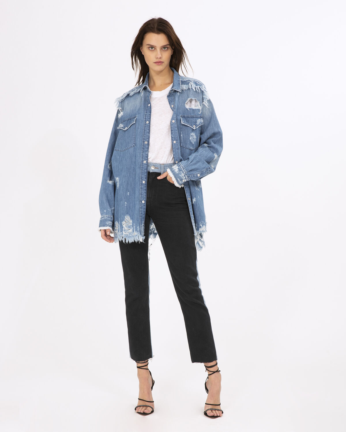 Photo of IRO Paris Upbeat Shirt Blue - Directly Inspired By The Men's Wardrobe, This Denim Shirt Is A Must This Season. Oversize, It Combines Fringes And Distressed Details For A Resolutely Rock Look. Shirts-Tops