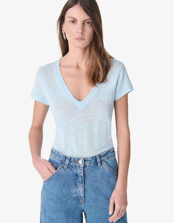 T-SHIRT EN LIN &Agrave; COL V