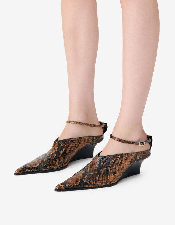 PYTHON POINTED-TOE HEELED MULES