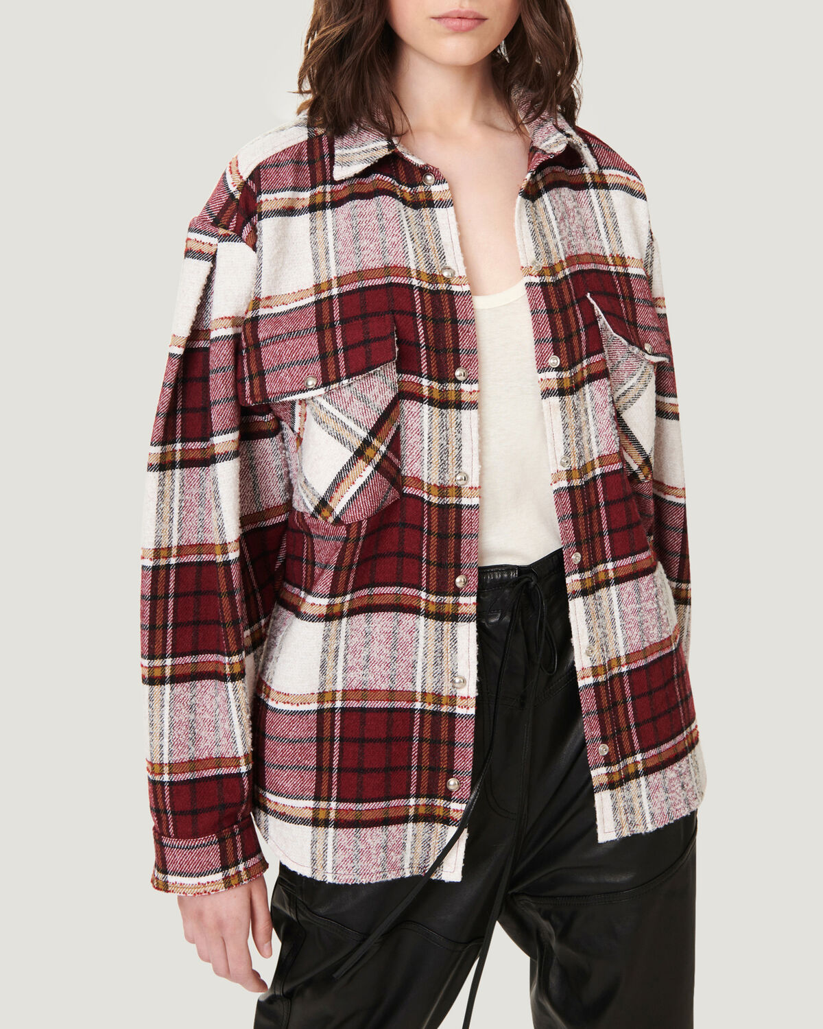 IRO - HATIK PLAID FLANNEL BUTTON UP OVERSHIRT RED MULTICO