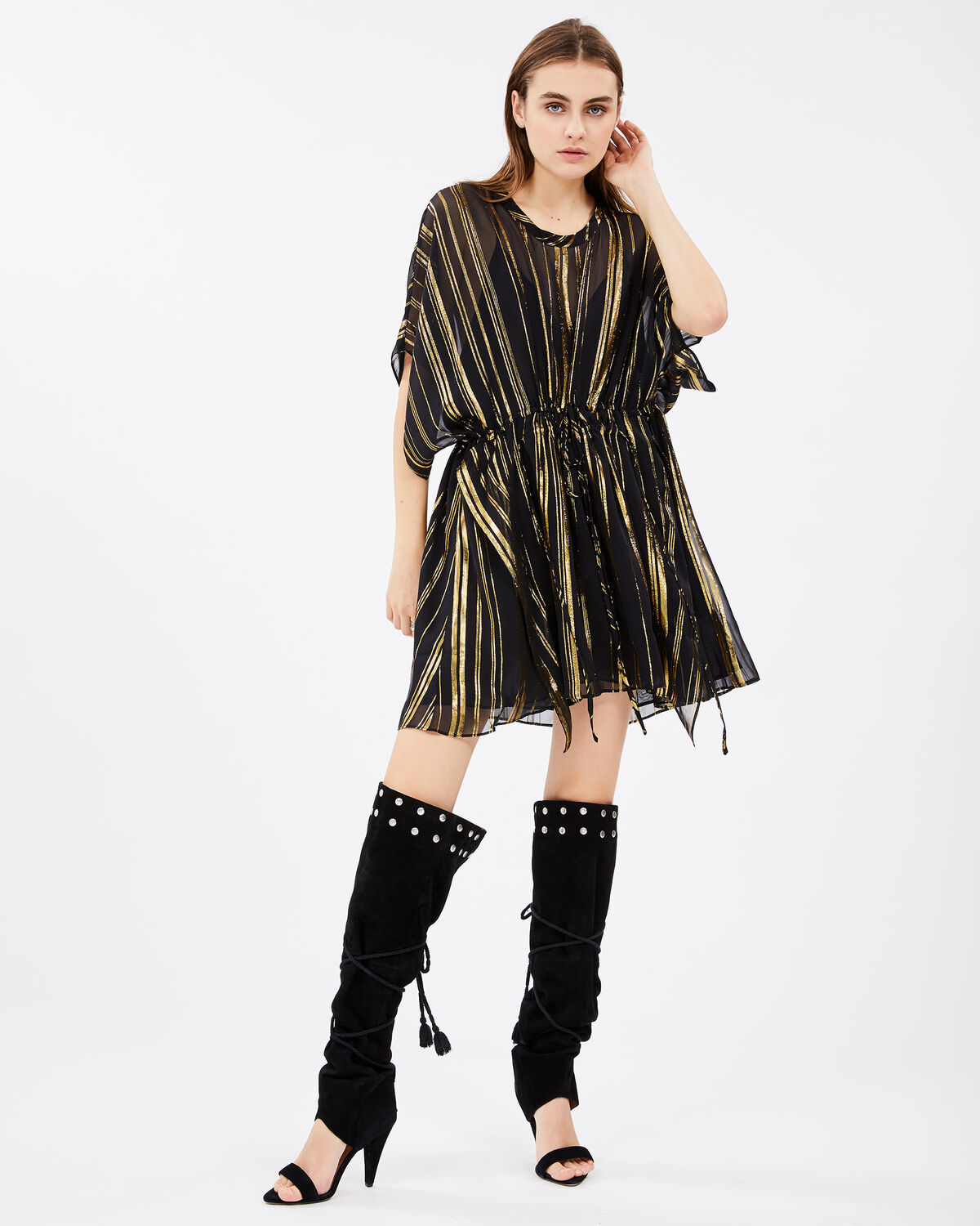 Photo of IRO Paris Enhance Dress Black And Gold - Tightenable At The Waist With Its Golden Stripes, This Dress Is Perfect For Your Summer Evenings. Fluid And Lightweight, Wear It With Boots To Add A Rock Touch To Your Outfits. Dresses